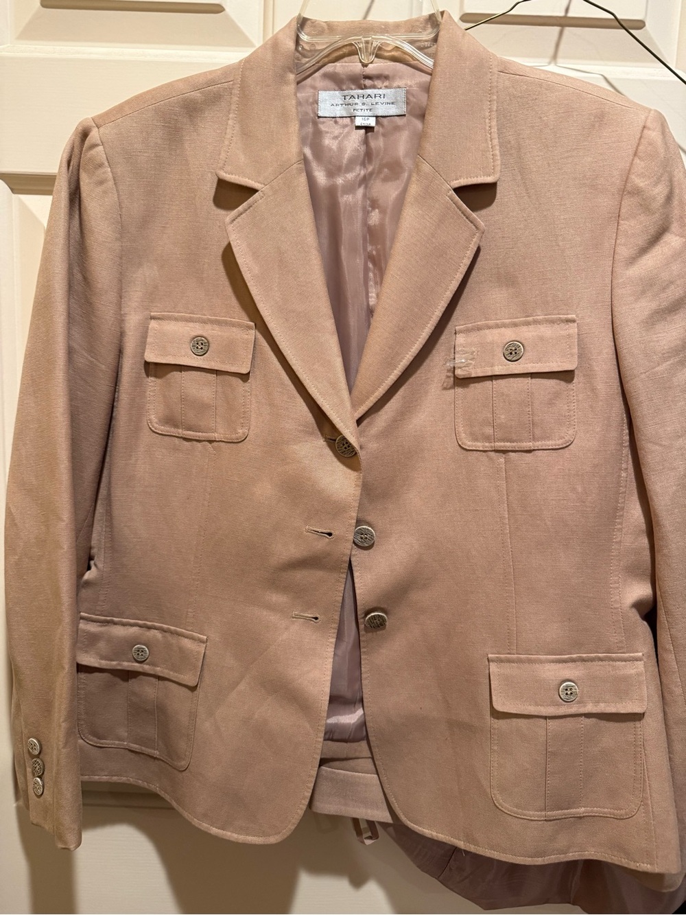Tahari Golden Tan Linen Suit With Designer Buttons